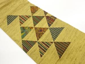 手織り紬切り嵌め相良刺繍鱗に縞・花葉模様織出し名古屋帯